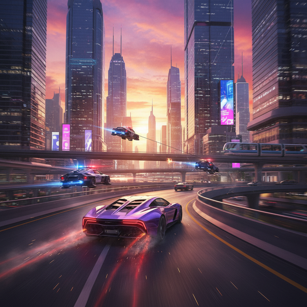 A high-speed car chase in a fictional city, with police cars pursuing a sleek sports car under a dramatic sunset, showcasing the adrenaline-filled action typical of GTA gameplay.