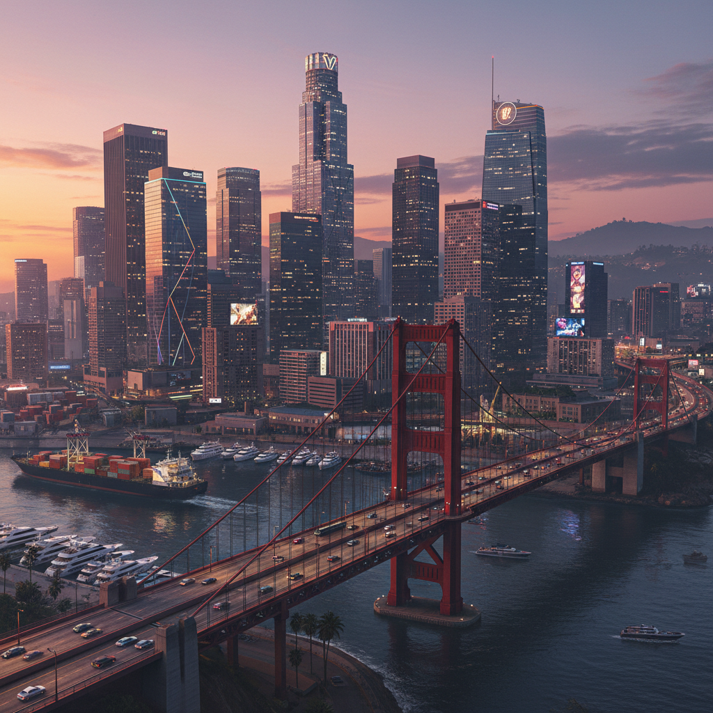 A scenic view of a fictional city skyline inspired by Grand Theft Auto, featuring towering skyscrapers, a bridge, and a bustling harbor, highlighting the expansive and immersive world of the game.