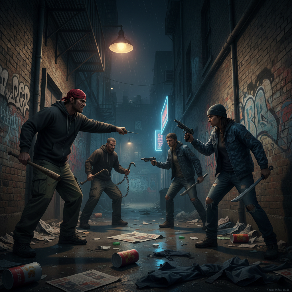 A dramatic gang confrontation in a dimly lit alleyway, with rival gang members pointing weapons at each other under the glow of streetlights, evoking the gritty underworld of GTA.