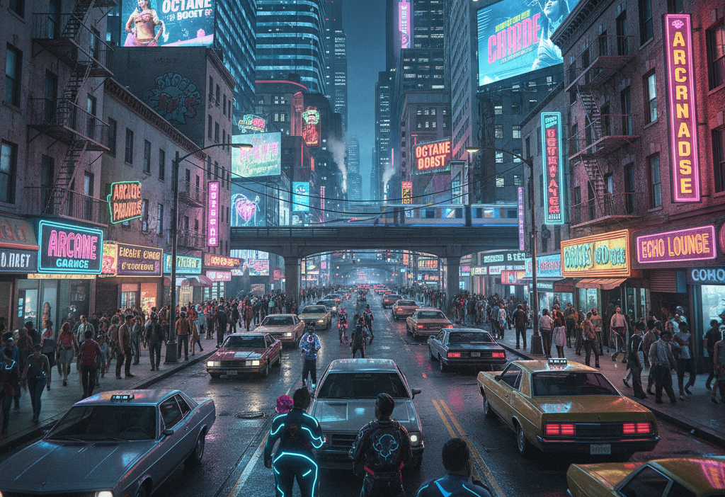 A vibrant urban street scene in a fictional city inspired by Grand Theft Auto, featuring neon signs, diverse pedestrians, and a mix of modern and vintage cars, capturing the lively atmosphere of the game's world.