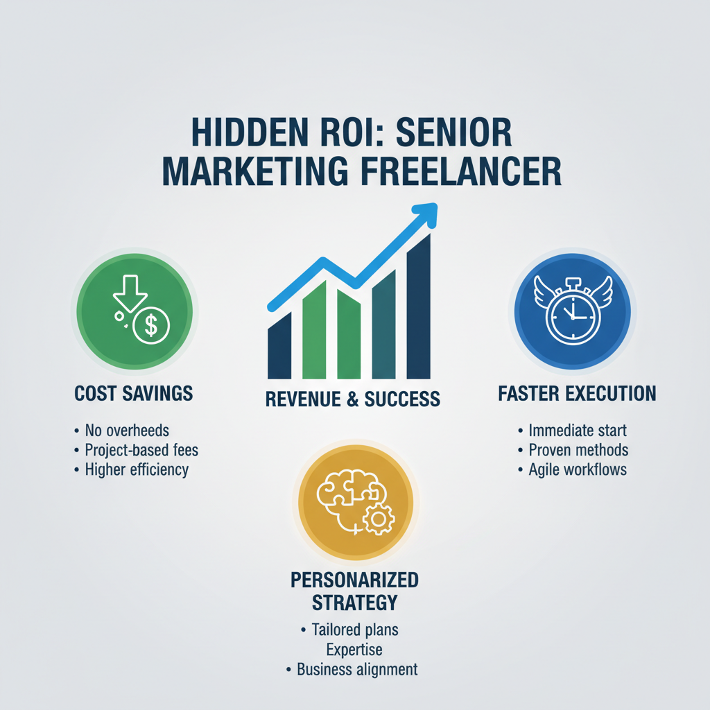 Icons and graphs showcasing the benefits of hiring a senior freelancer.