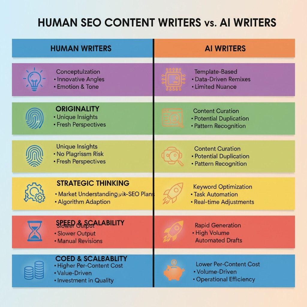 A comparison chart showing the differences between human SEO content writers and AI writers, highlighting aspects like creativity, originality, and strategic thinking.