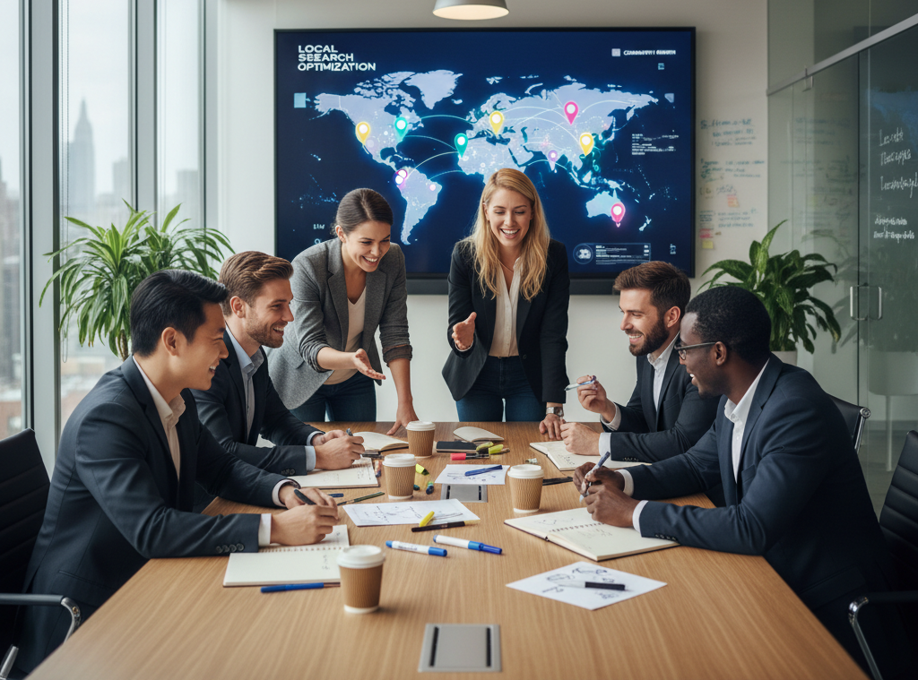 A team brainstorming ideas with a map and location pins on a digital screen in the background.