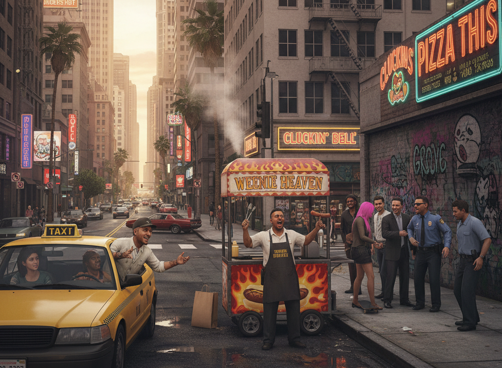 A vibrant depiction of a bustling Los Santos street with diverse characters interacting, such as a taxi driver, a street vendor, and a police officer.