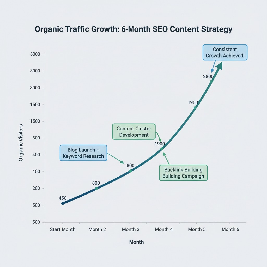A graph showing the timeline of organic traffic growth over six months after implementing SEO content strategies, with upward trends.