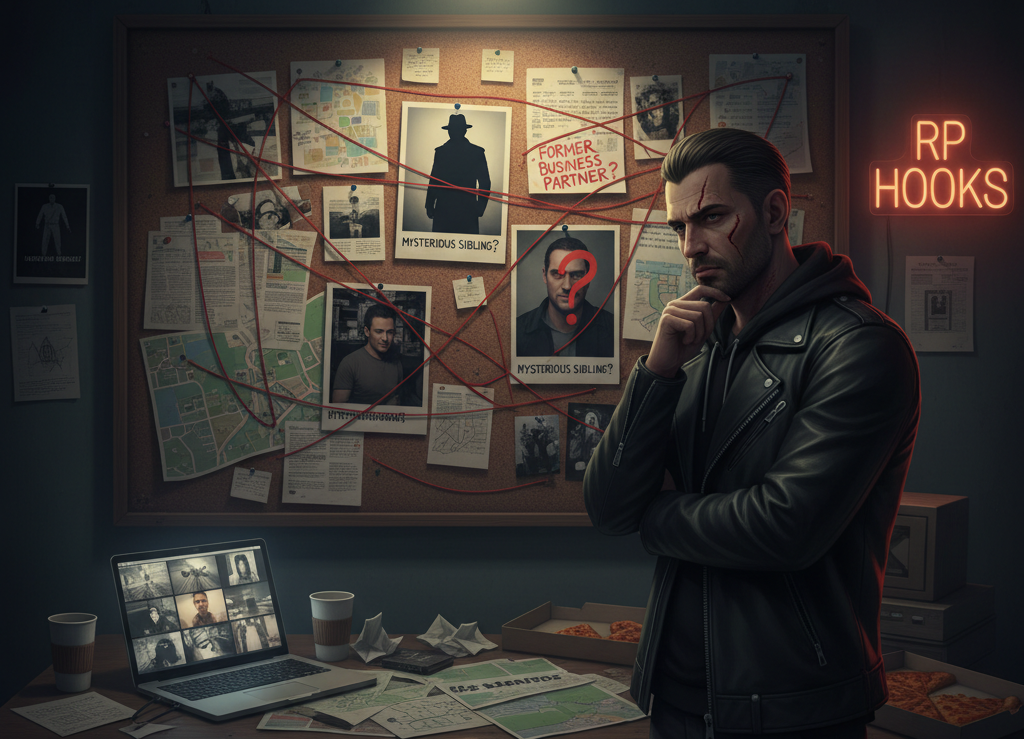 Shows a bulletin board with photos, notes, and red string connecting clues, representing 'RP Hooks.'