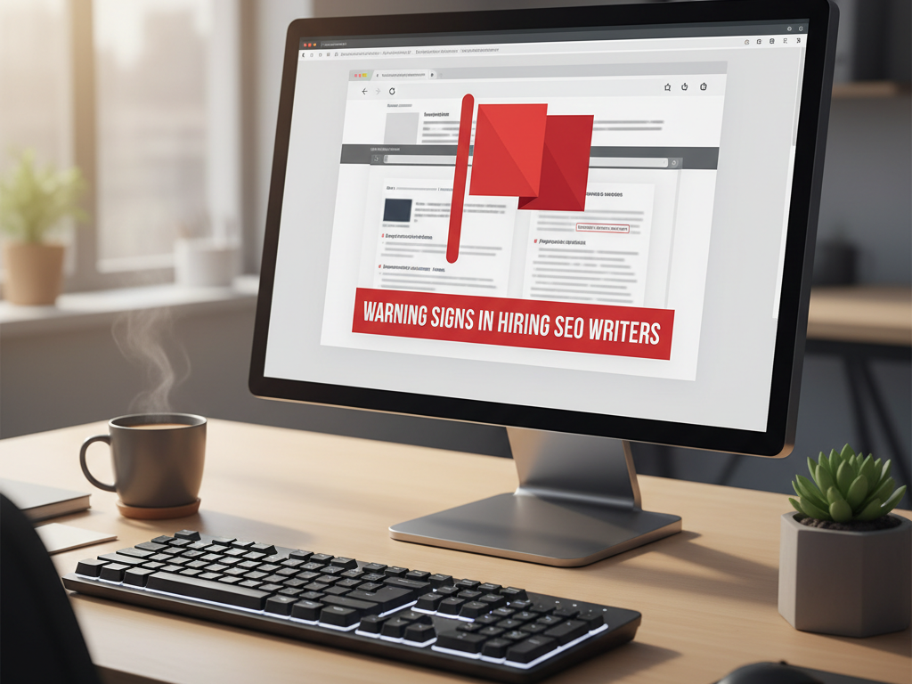 A visual representation of a red flag on a computer screen, symbolizing warning signs in hiring SEO writers. The background includes a desk setup with a keyboard and coffee cup.