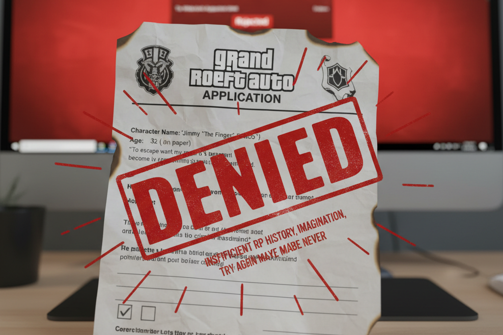 A visually engaging image of a rejected GTA RP application form with a red 'Denied' stamp across it. The background includes a blurred view of a computer screen displaying a roleplay server application portal, emphasizing the theme of application rejection.