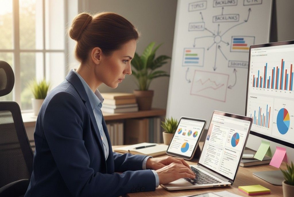 A professional SEO content writer working on a laptop, surrounded by charts, graphs, and keyword research tools, symbolizing the process of optimizing content for search engines.