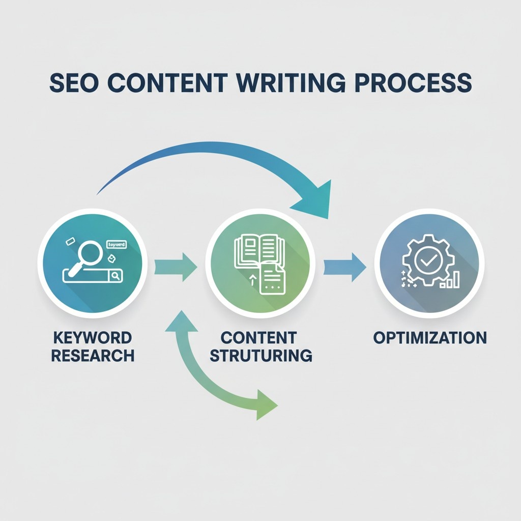 A visual representation of the SEO content writing process, including keyword research, content structuring, and optimization, with icons and flow arrows.
