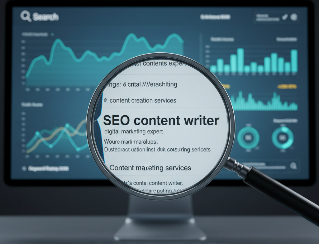 A professional business meeting with a hiring manager interviewing a candidate for an SEO content writer position. The setting is a modern office with a laptop and notepad on the table.