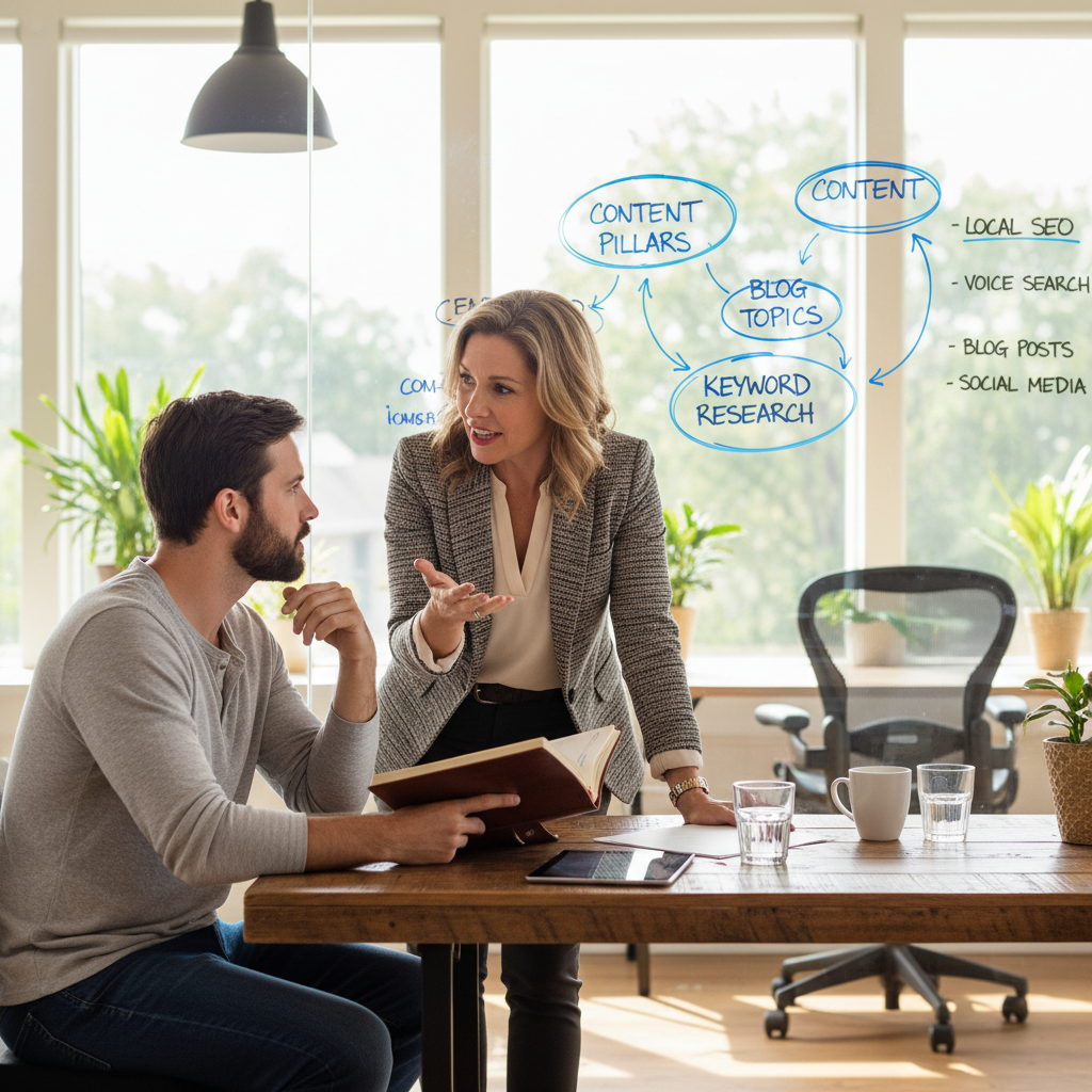 A small business owner discussing SEO strategies with a writer, featuring a whiteboard with keywords and content ideas.