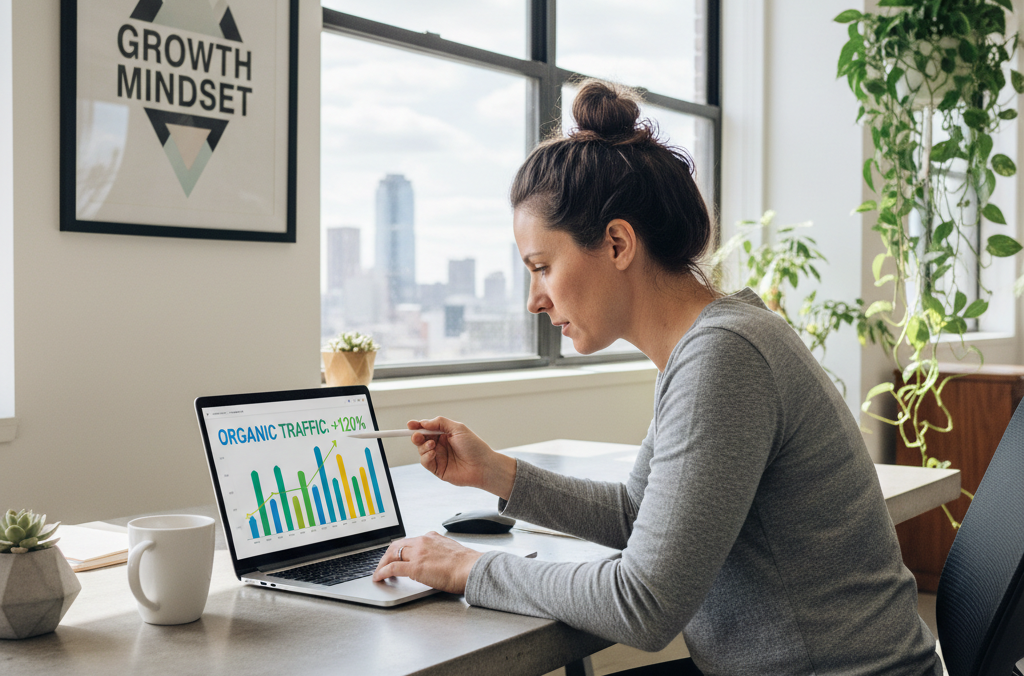 A professional SEO writer working on a laptop with charts and graphs representing website traffic growth.