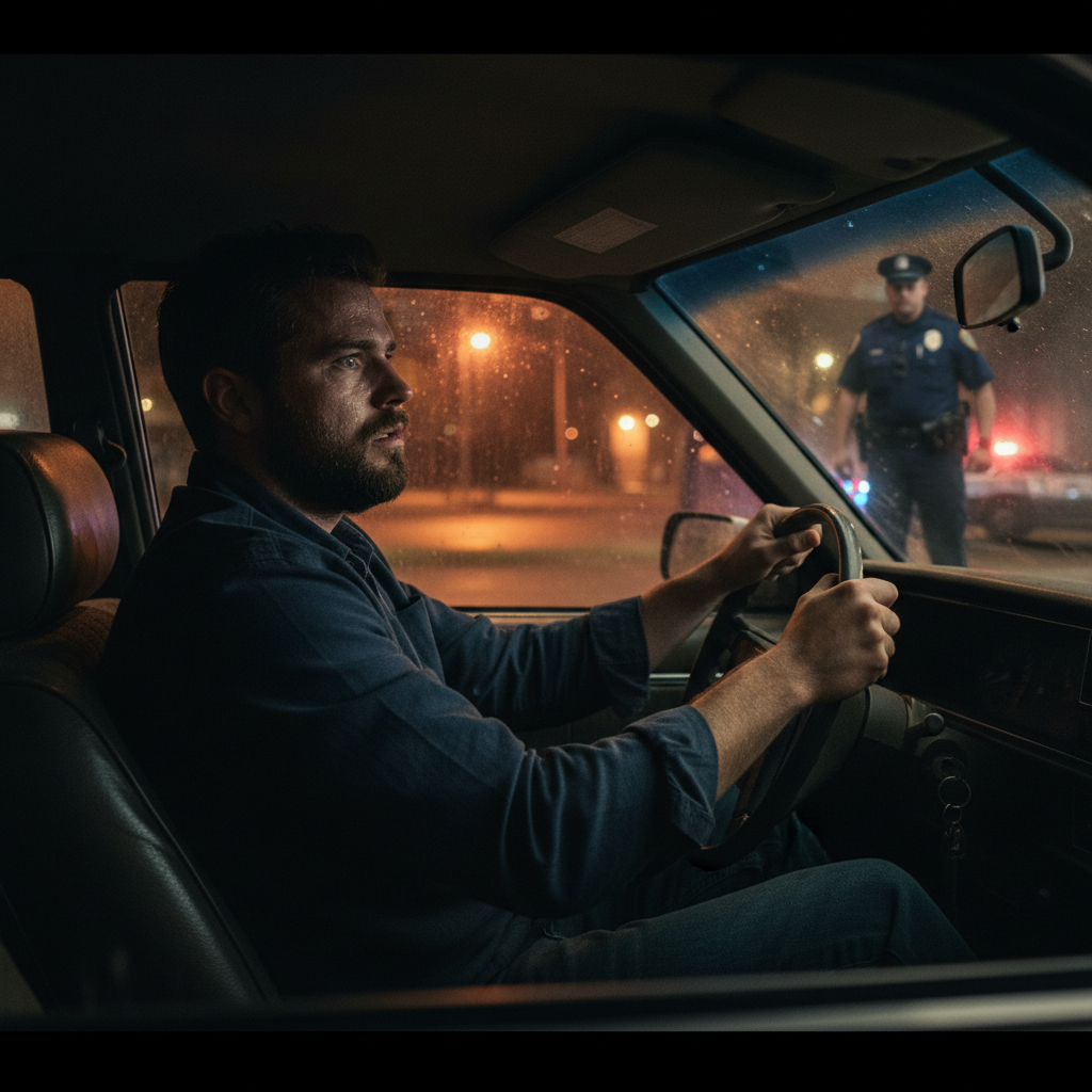  Illustrates a nervous character gripping the steering wheel as a police officer approaches.
