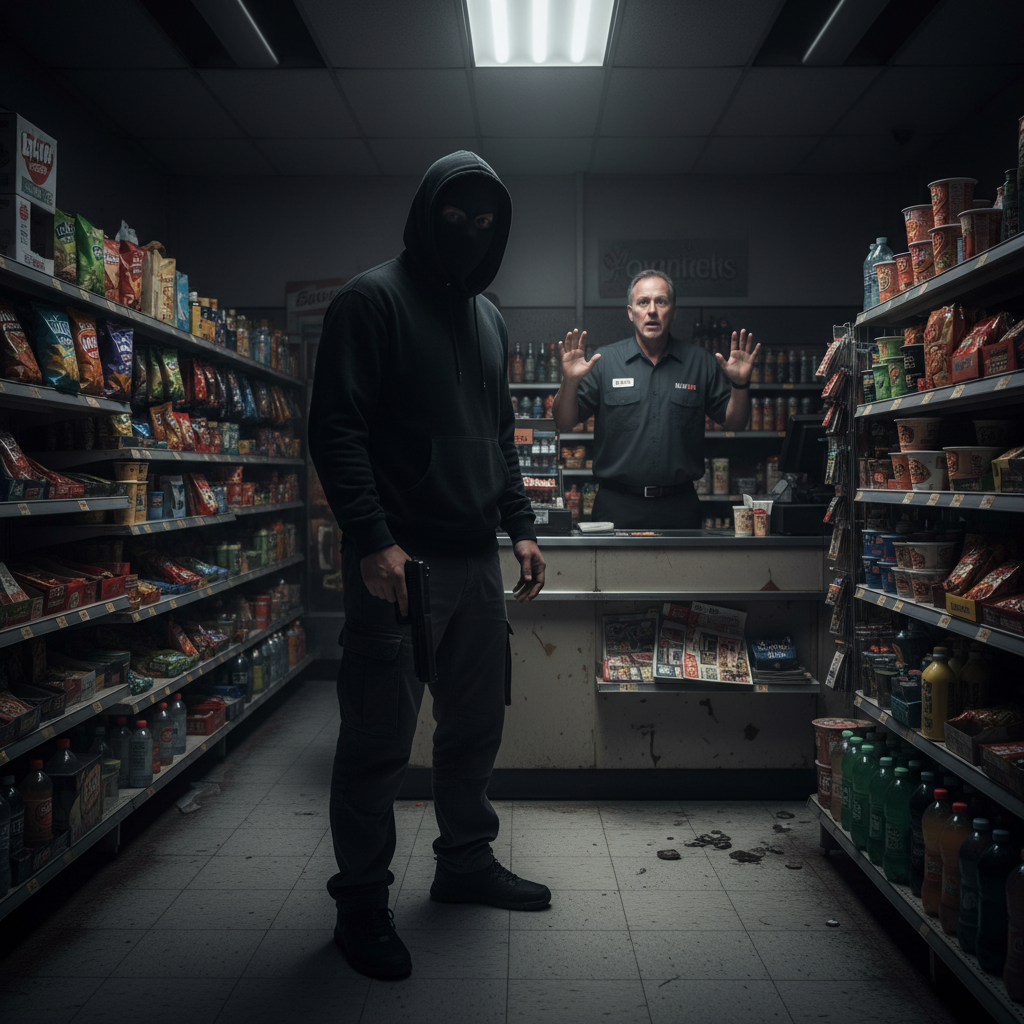 A tense moment in a convenience store, with a masked robber holding a gun and a frightened clerk behind the counter, illustrating a classic GTA-inspired roleplay scenario.