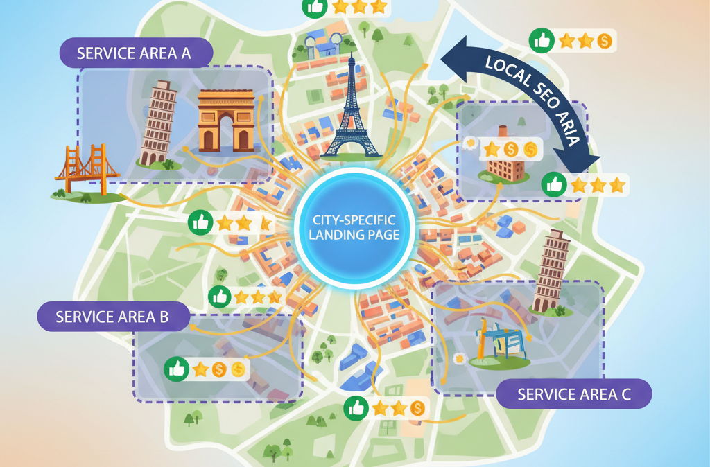 A map-based graphic emphasizing local SEO's role in city-specific pages.