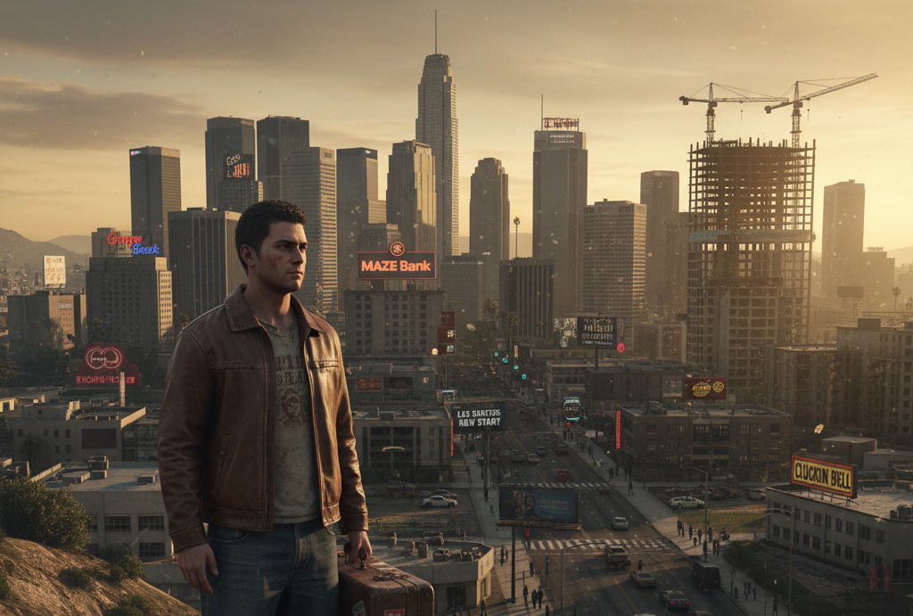 Displays a newcomer to Los Santos arriving with a suitcase, gazing at the city skyline.
