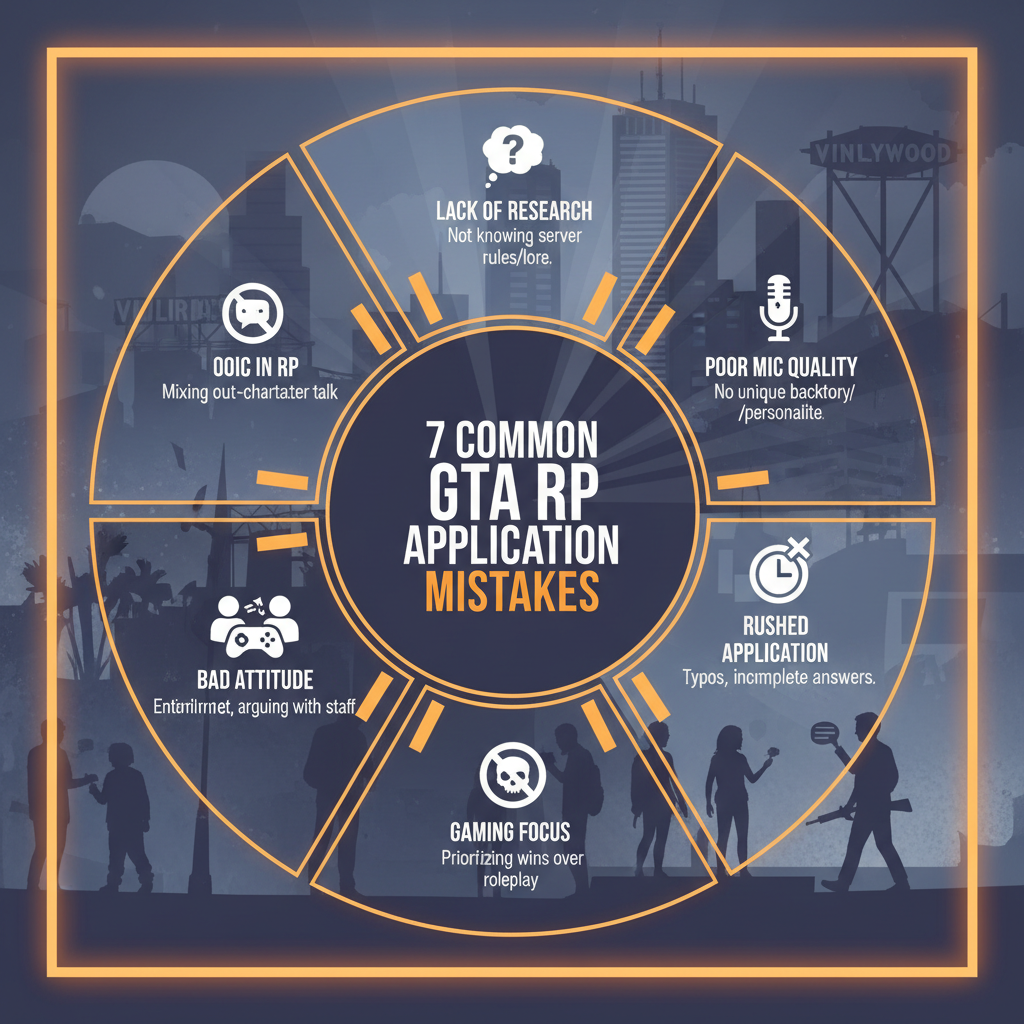 An infographic-style image showing the seven common mistakes in GTA RP applications. Each mistake is represented by an icon and a brief description, arranged in a circular layout. The background features a subtle GTA RP theme with cityscapes and roleplay elements.