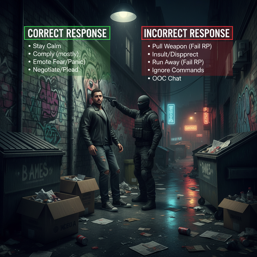 A vibrant image of a roleplay scenario question from a GTA RP application. The image shows a player character in a tense situation, such as being held at gunpoint in an alley, with text overlays explaining the correct and incorrect ways to respond to the scenario.