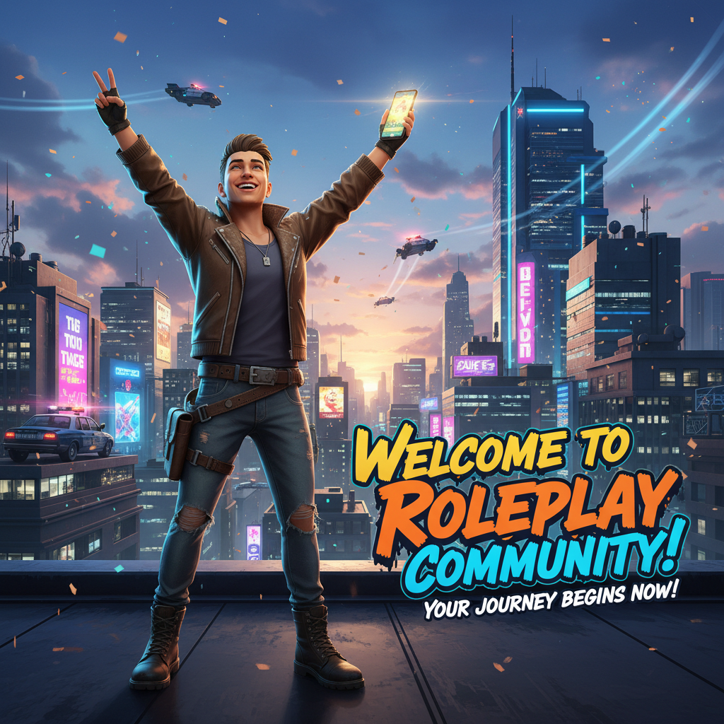 A motivational image of a player character celebrating acceptance into a GTA RP server. The background shows a vibrant cityscape with a congratulatory message overlay, such as 'Welcome to the Roleplay Community!' emphasizing success and achievement