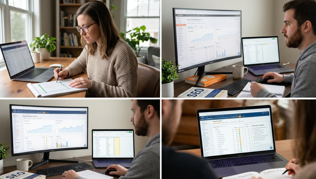 1. Freelance SEO content writer reviewing keyword research data on a laptop at a desk