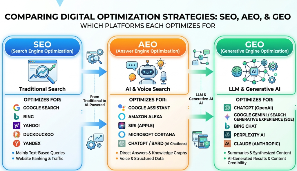 Diagram comparing SEO, AEO and GEO showing which platforms each optimises for