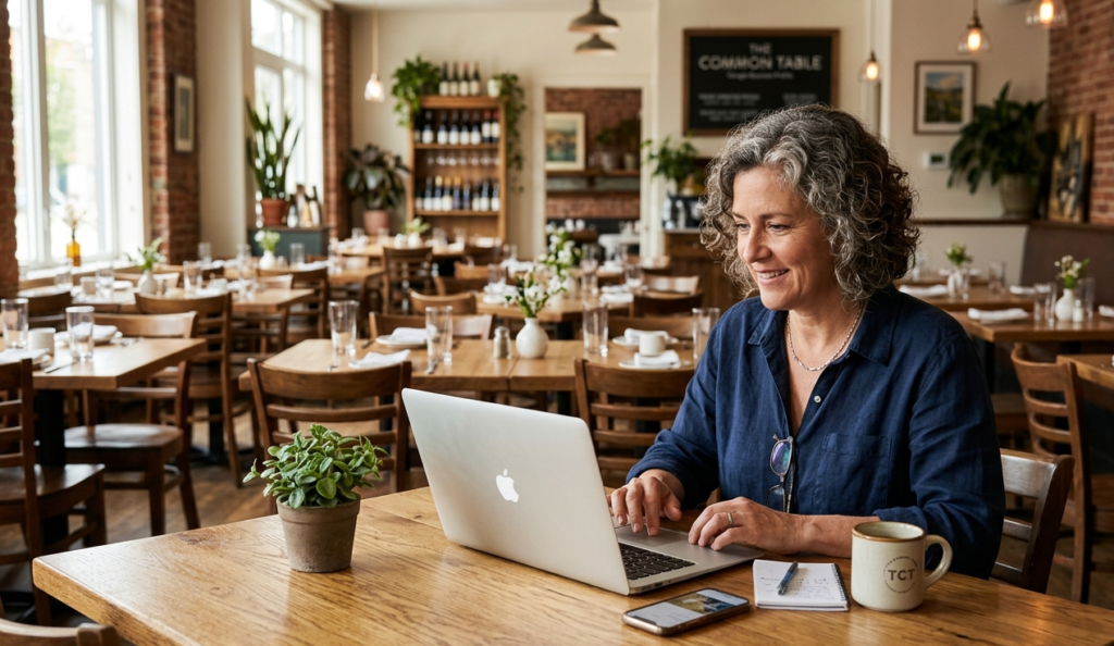 1. Restaurant owner updating Google Business Profile on a laptop at an empty dining table