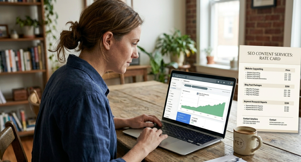 1.  Freelance SEO content writer reviewing keyword research data on a laptop with a rate card document beside it