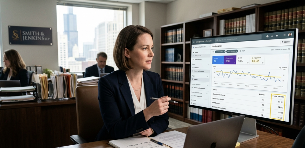 Attorney reviewing law firm website analytics in Google Search Console showing page-two rankings for practice area keywords