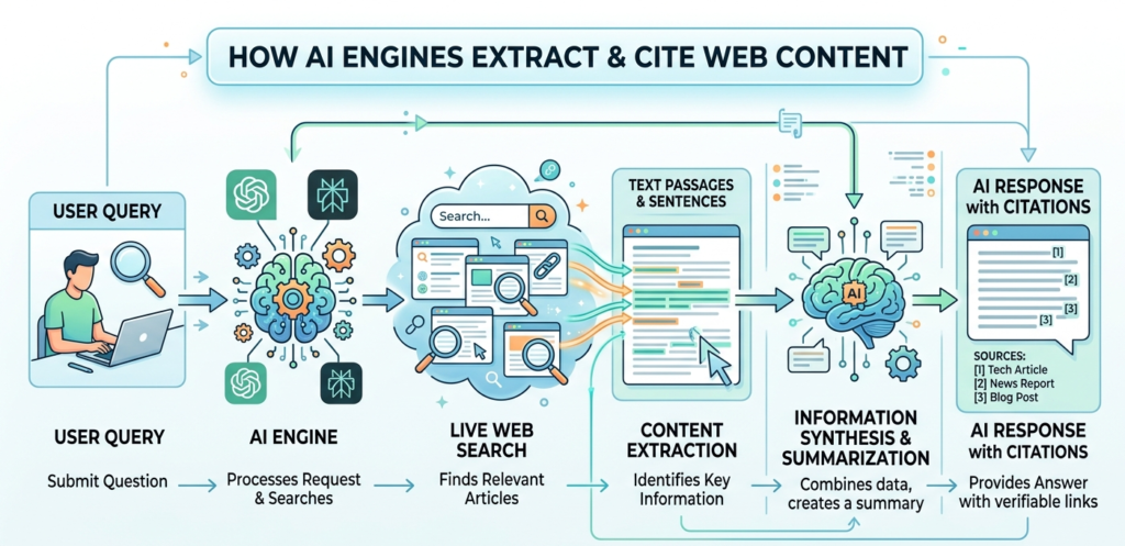 Diagram showing how AI engines like ChatGPT and Perplexity extract and cite passages from web content