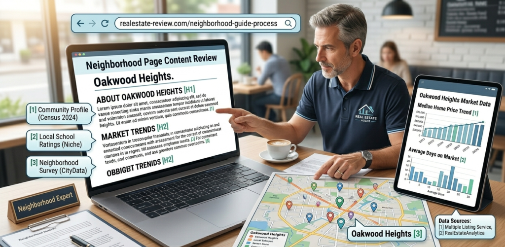 Real estate agent reviewing neighborhood page content on a laptop alongside a local suburb map and market data