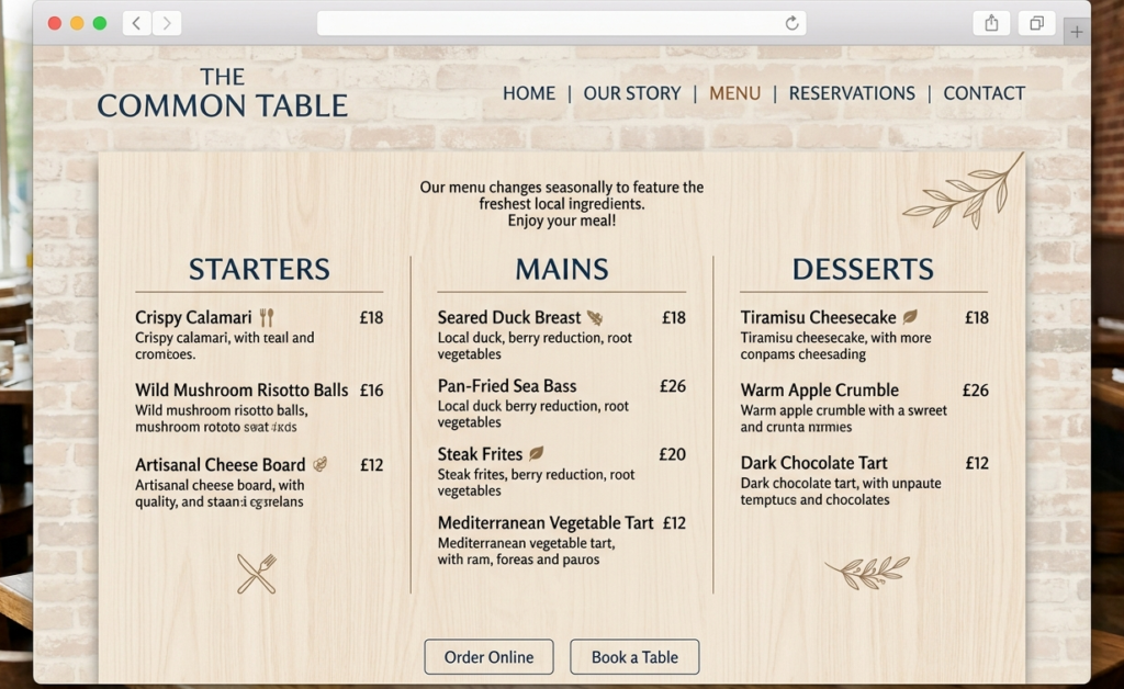 2.	HTML menu page on a restaurant website showing structured headings for starters, mains and desserts