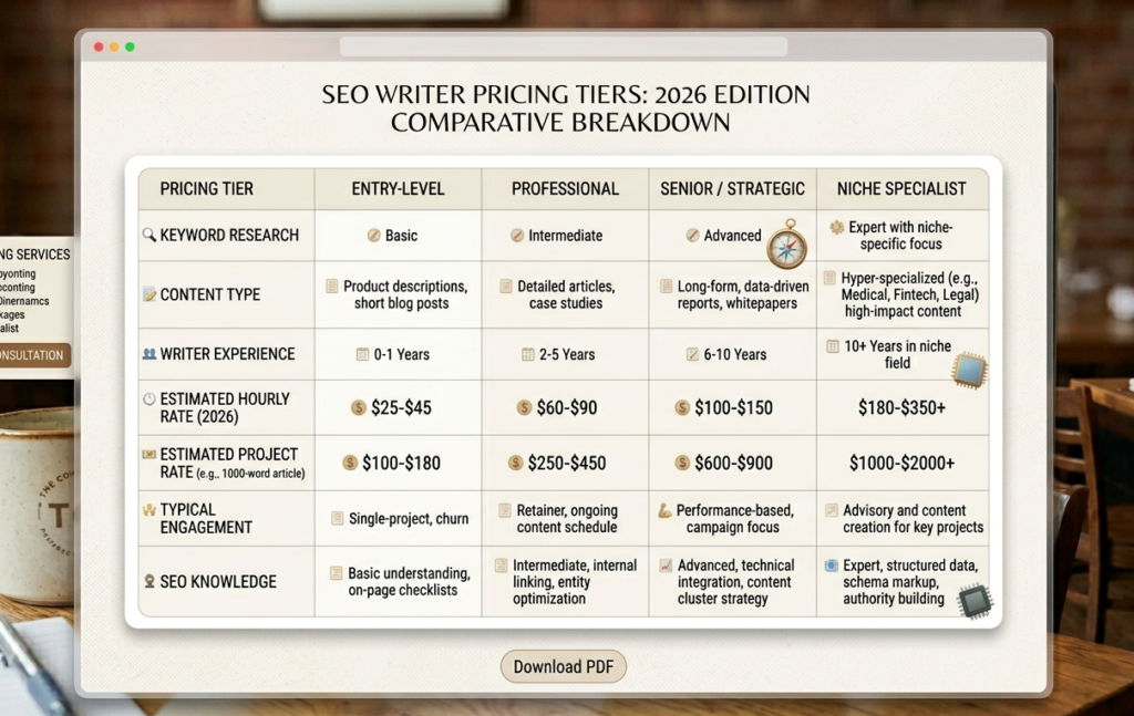 2. Comparison table showing SEO writer pricing tiers from entry-level to niche specialist in 2026