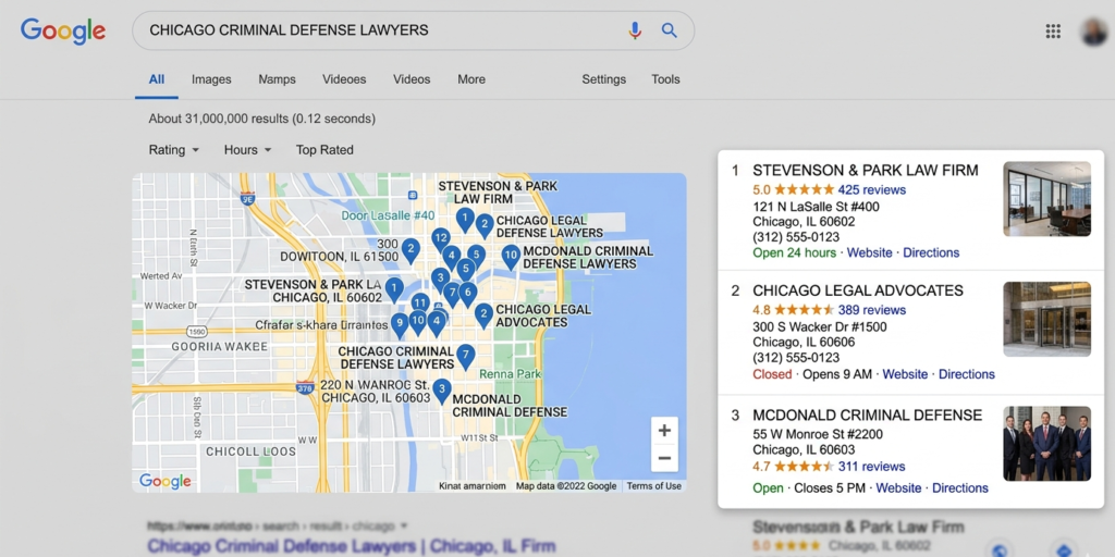 Google map pack showing three local law firms with review counts and star ratings for a city-level legal query