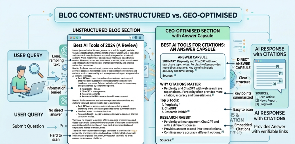 Side-by-side comparison of an unstructured blog section versus a GEO-optimised section with front-loaded answer capsule
