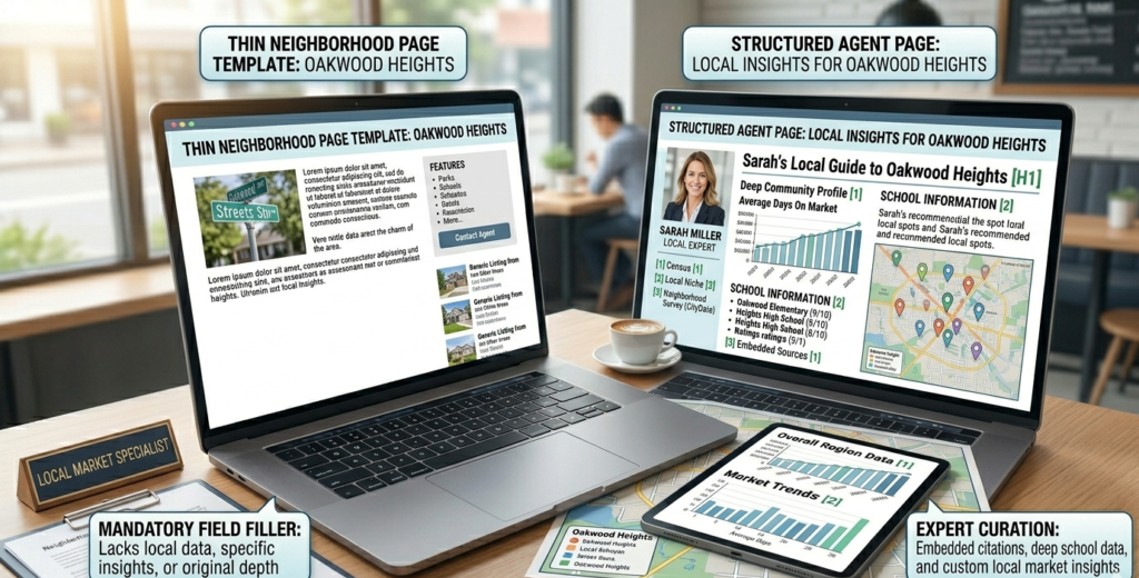 Comparison of a thin real estate neighborhood page template versus a structured agent page with local data and school information