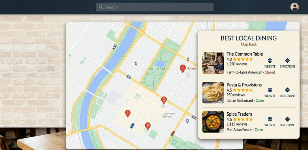 3.	Google map pack showing three local restaurant results with star ratings and review counts