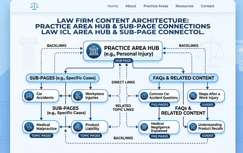 Content architecture diagram showing how a law firm practice area hub connects sub-pages and FAQ content