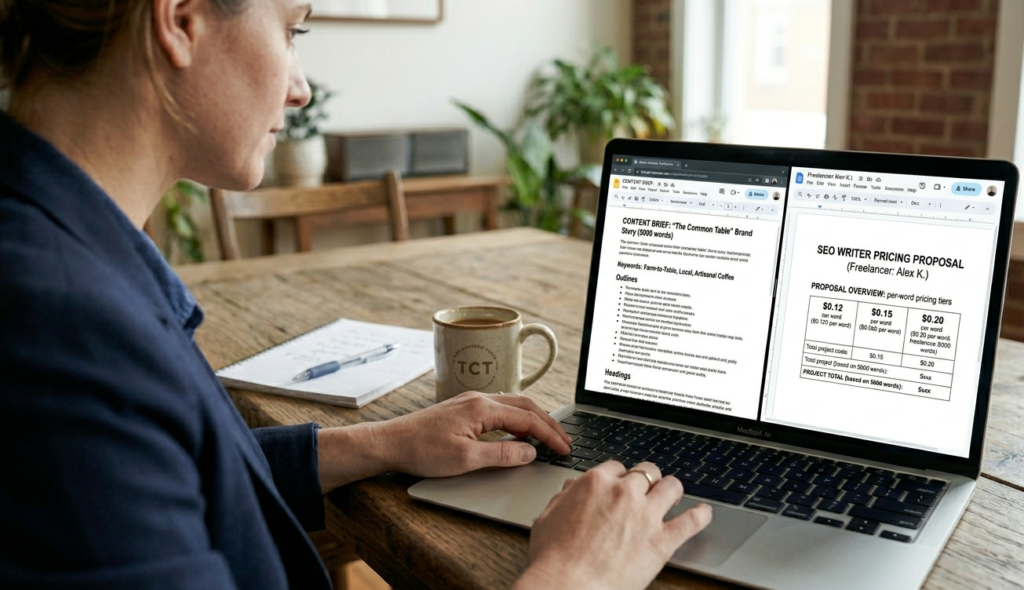 4. Business owner reviewing a content brief and per-word pricing proposal from a freelance SEO writer