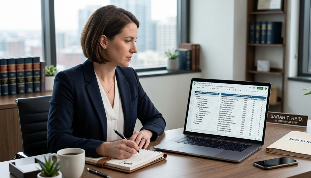 Solo lawyer at a desk reviewing a practice area page structure on a laptop with keyword research data visible