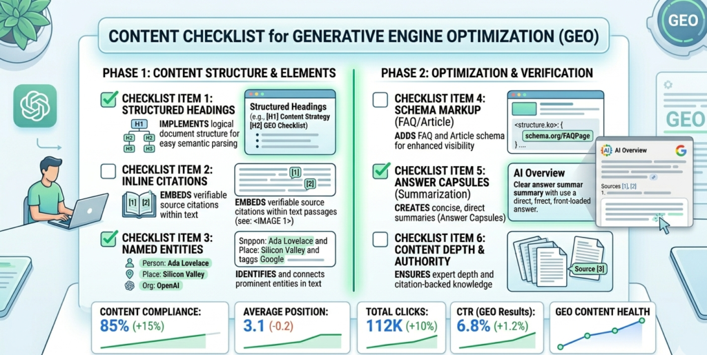 Content checklist for generative engine optimization showing named entities, inline citations and structured headings