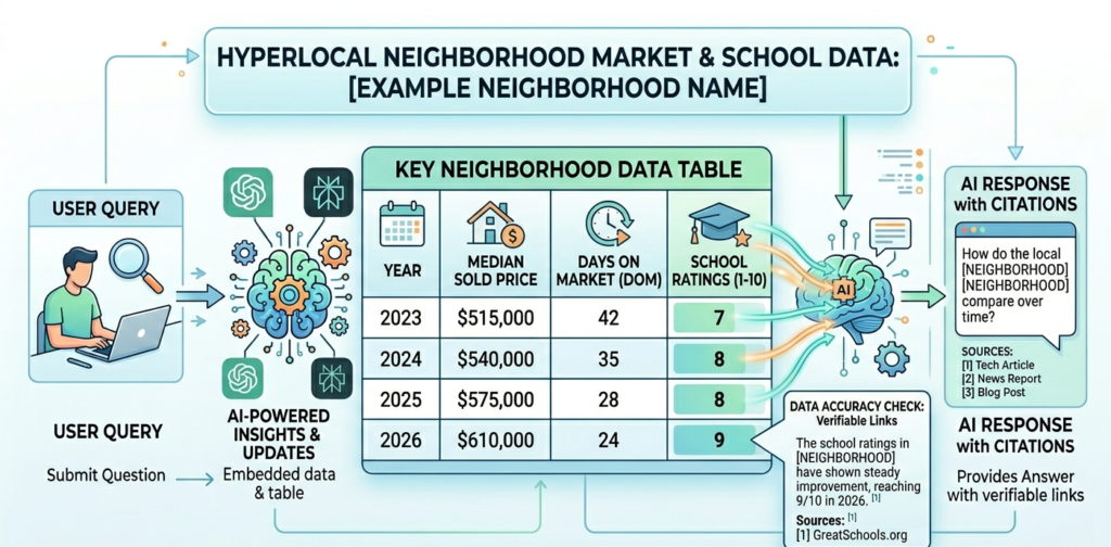 Data table showing median sold price, days on market and school ratings for a real estate neighborhood SEO page