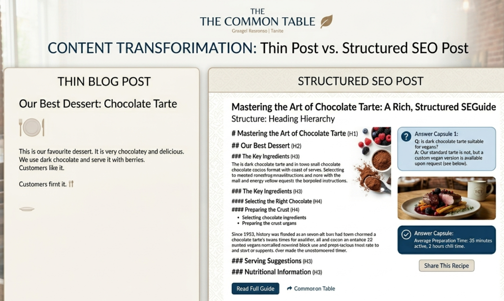 5.  Side-by-side comparison of a thin blog post and a structured SEO post with answer capsules and heading hierarchy