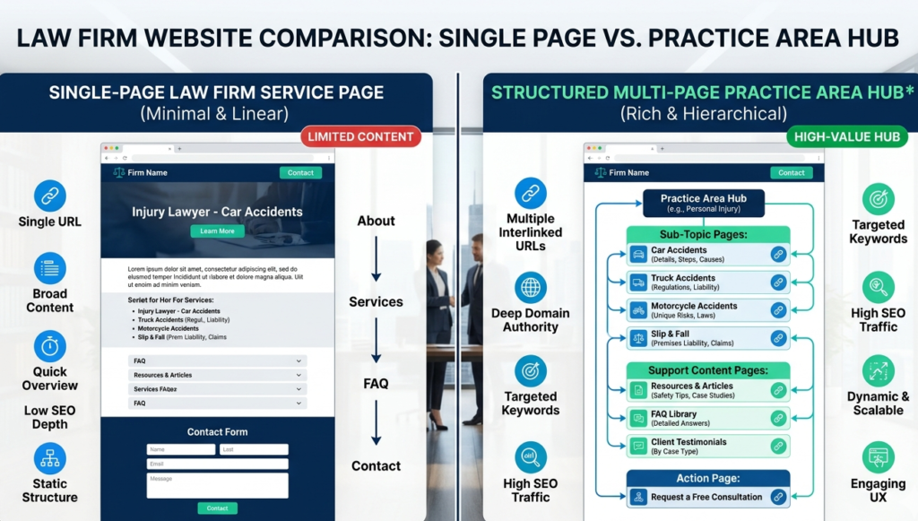 Side-by-side comparison of a thin single-page law firm service page versus a structured multi-page practice area hub