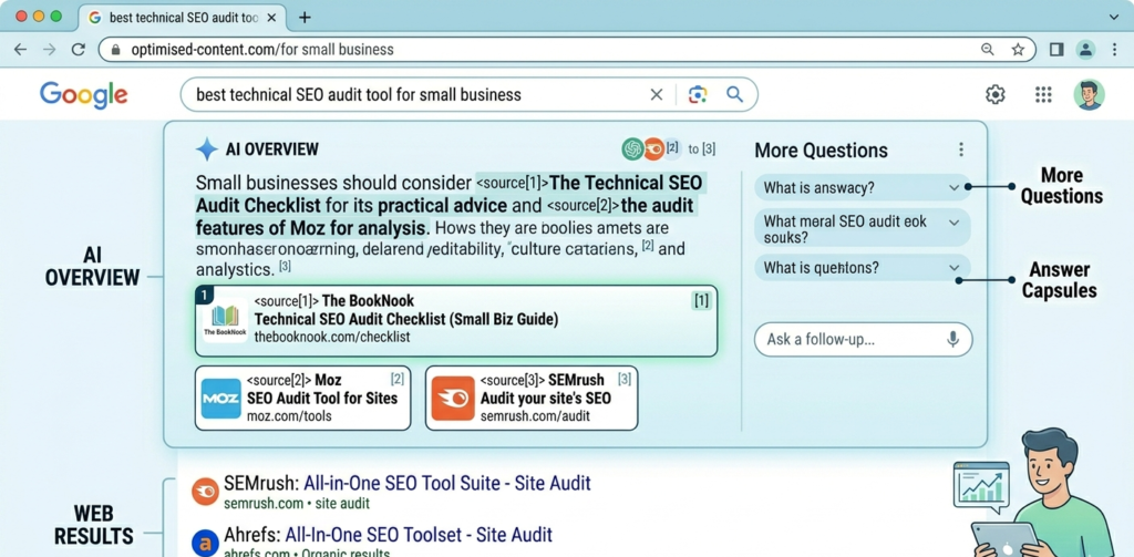 Small business website appearing in a Google AI Overview result above larger competitor domains