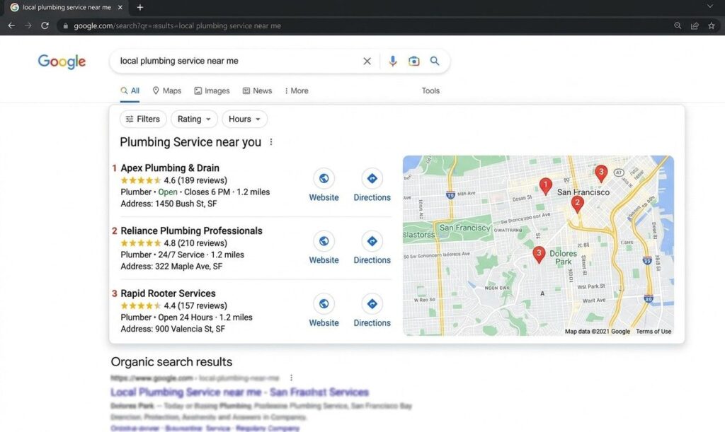 A Google local 3-pack search result showing three business listings in a Maps widget for a local plumbing service query