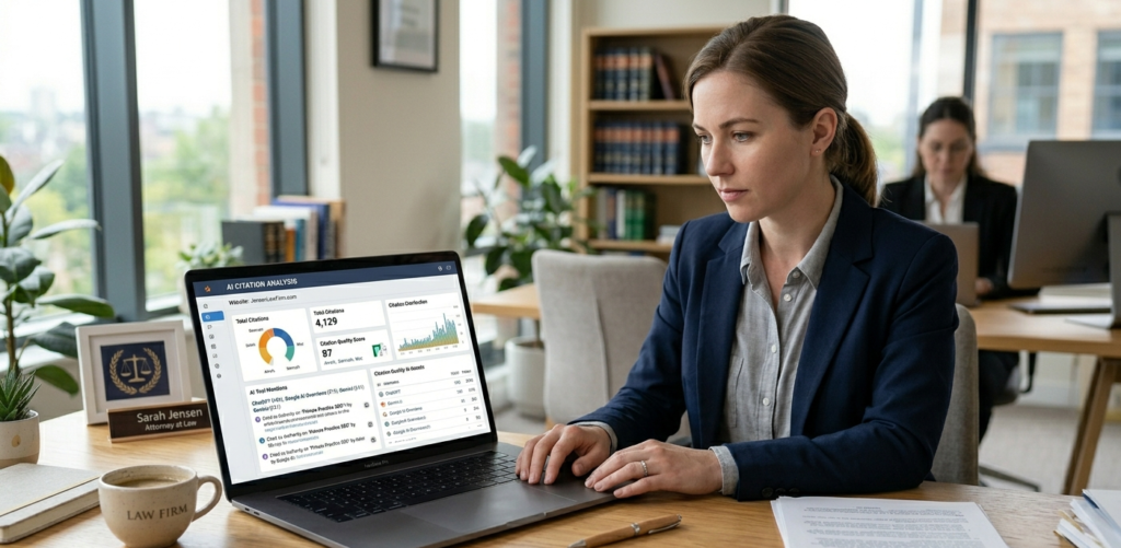A law firm attorney reviewing their website's AI citation data on a laptop screen in a modern office setting