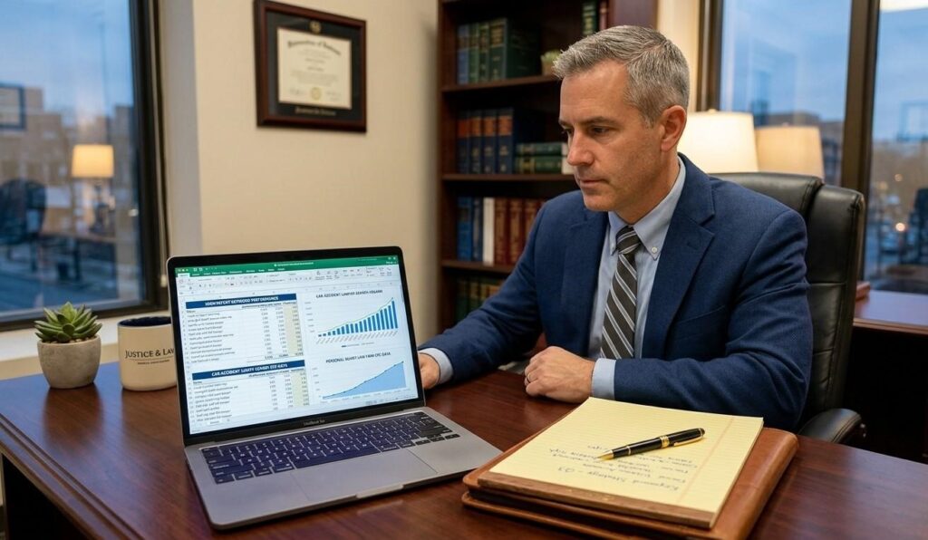 A personal injury lawyer reviewing high-intent keyword data on a laptop with a legal notepad and pen on the desk beside it