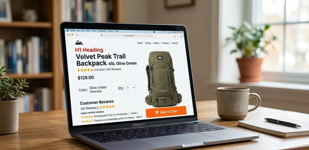 An ecommerce product page displayed on a laptop showing a structured H1 heading, customer reviews and a clear add-to-cart button above the fold