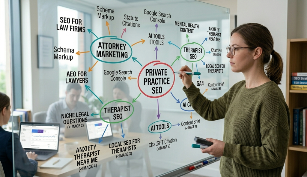 A content strategist mapping semantic SEO topic clusters on a whiteboard with arrows connecting related entities and subtopics